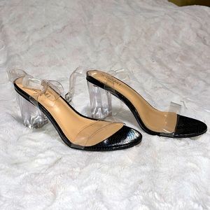 Black Faux Snake Skin Ankle Strap Heels (wide)